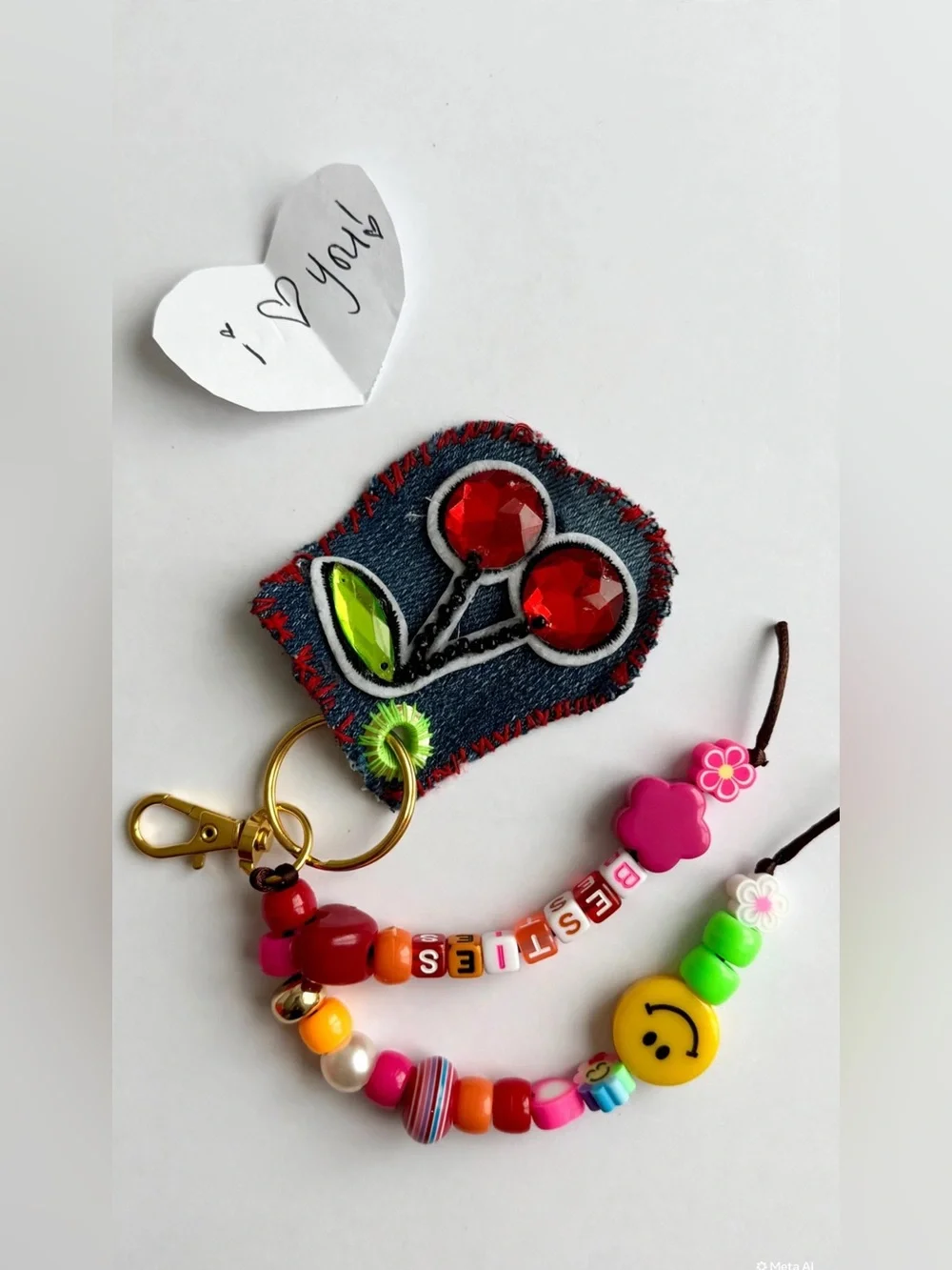 Handmade BeSTies Pink & Red Cherry Denim Keychain for Kids